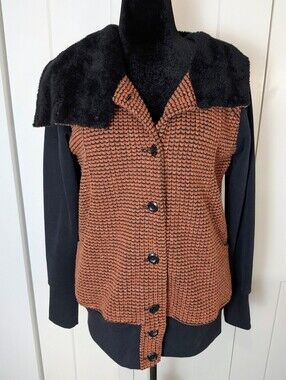 NWT Orb “Caspian” Orange Jacquard Jacket Cardigan Faux Fur Collar Size L Y2K